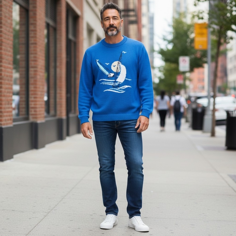 Goodfellow & Co Mens Large Blue Sailboat Intarsia Cotton Crewneck Sweater NWT